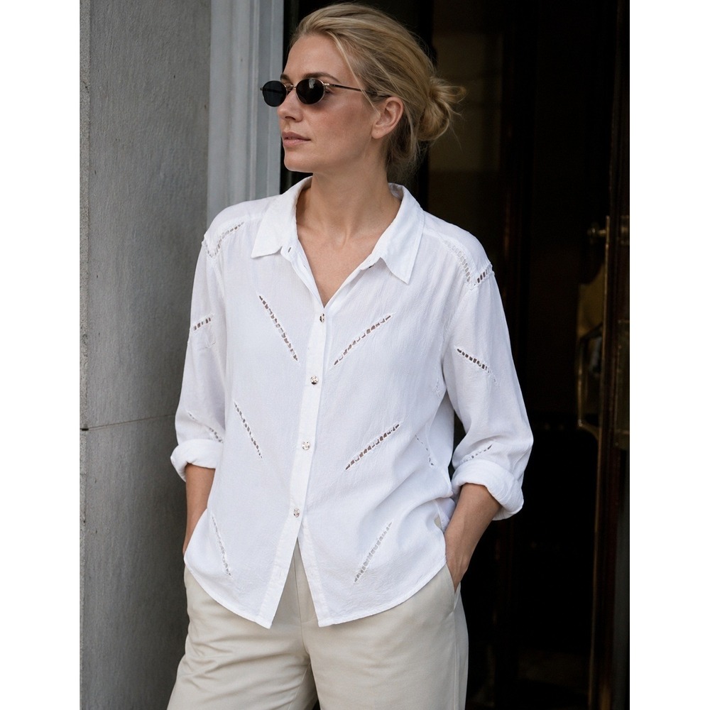 Vtg‎ Ghost Button Down Blouse Top Women Medium White Cutwork 90s Edwardian UK